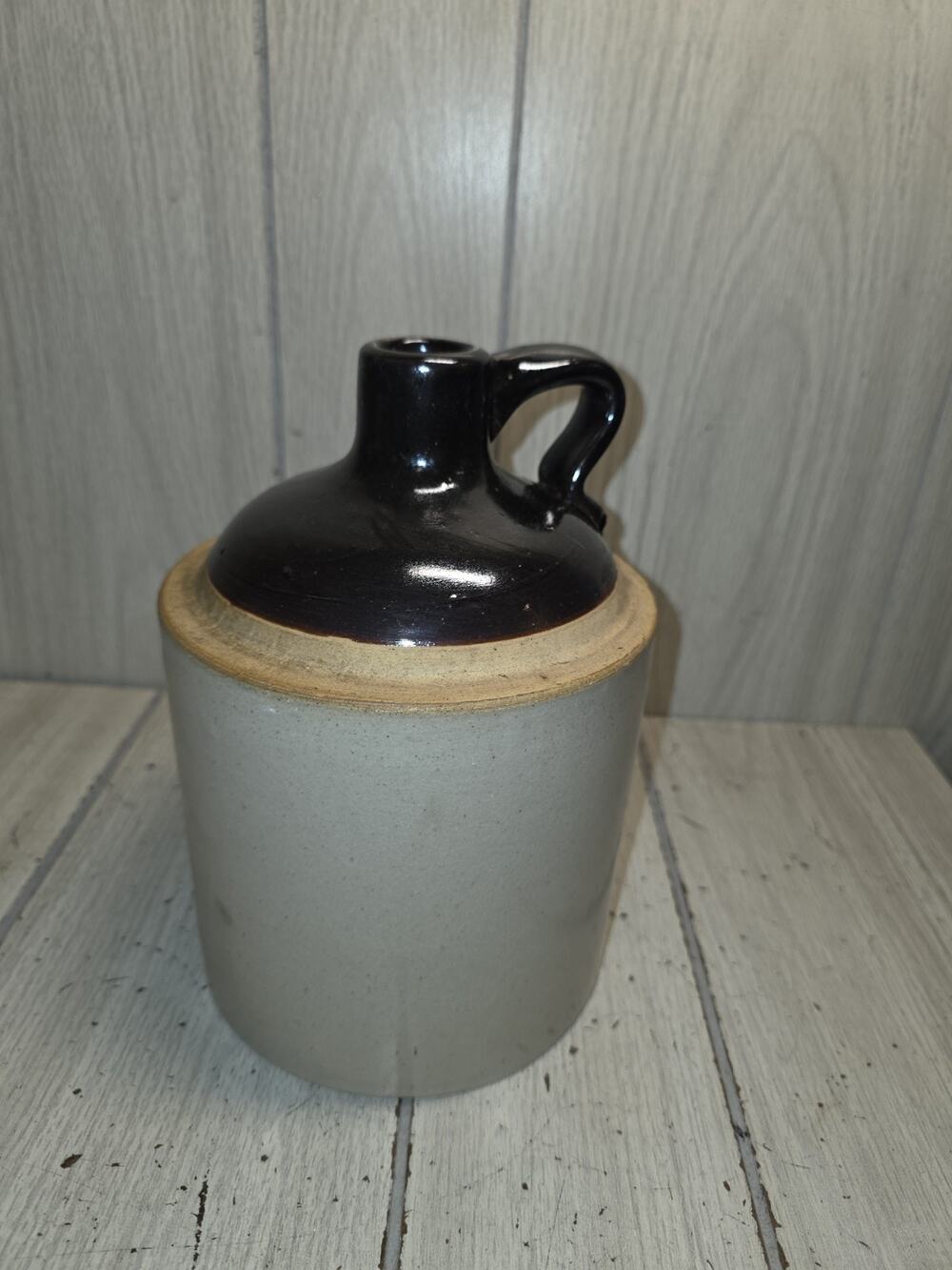 Antique Stoneware Crock Jug Two Tone Finger Handle Whiskey Vintage 8x6 Primitive